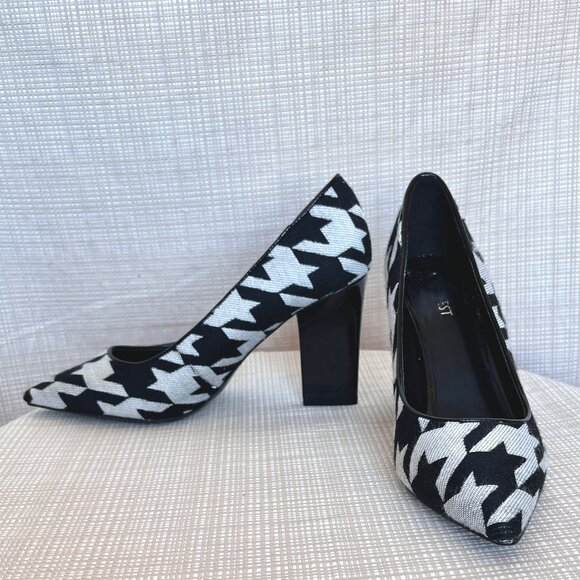 Vintage Nine West Fabric Houndstooth Architectural Patent Leather Heel M… - Picture 3 of 16